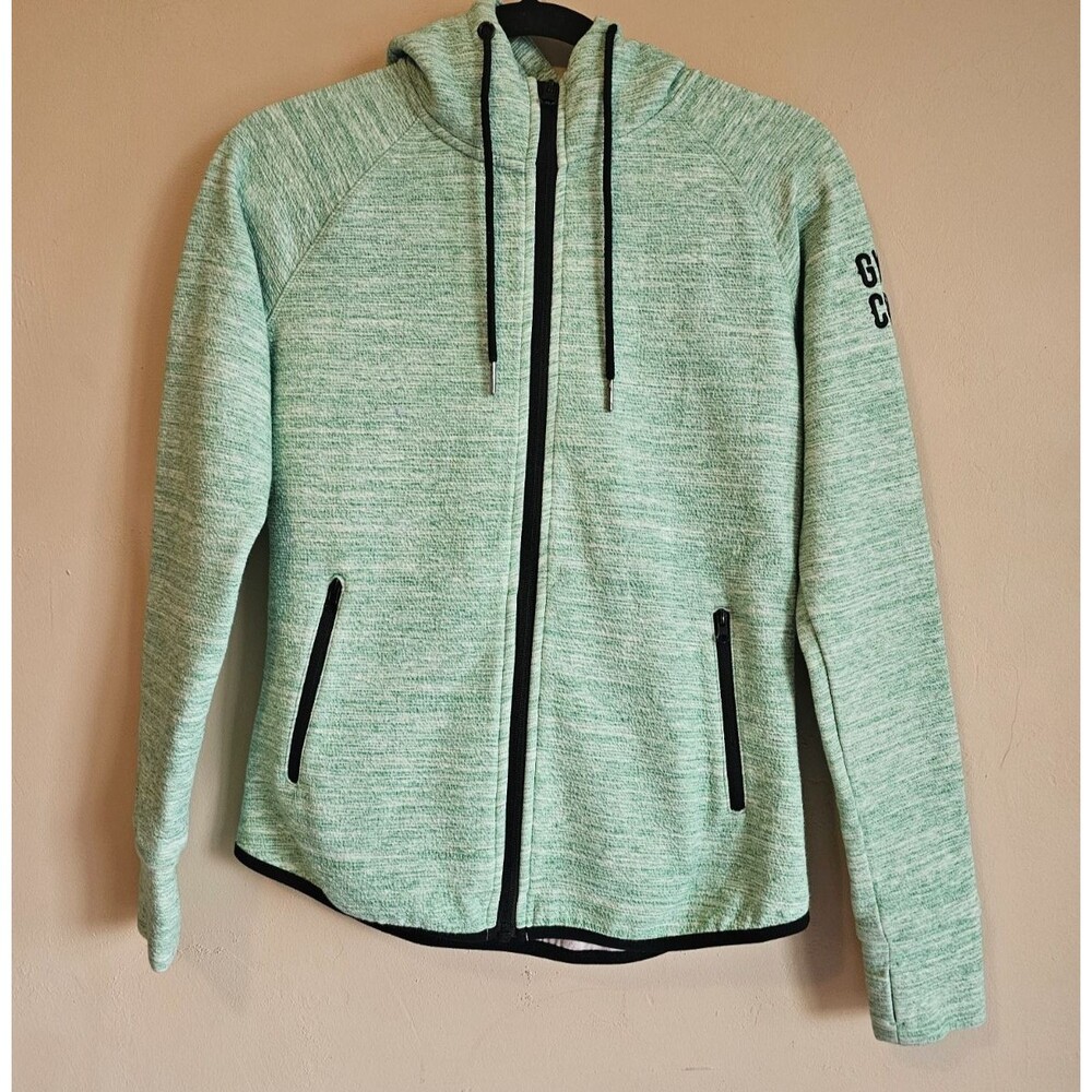 GYM + COFFEE Women's S Green Heather Full Zip Logo Hoodie